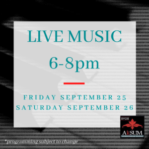 Image of piano keys with text "LIVE MUSIC 6-8pm Friday September 25 Saturday September 26"